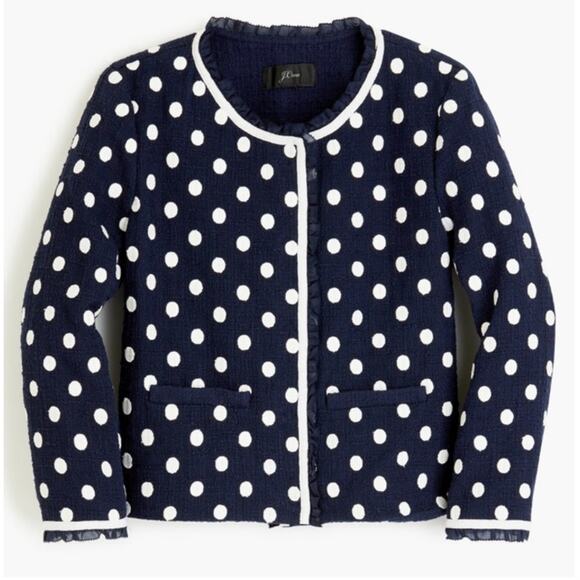 NWT J. CREW BLAZER JACKET POLKA DOT NAVY BLUE WHITE TEXTURED TWEED RUFFLE G3728 - Picture 1 of 16